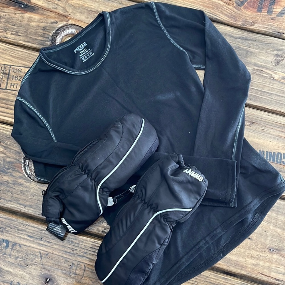 Kids base layer top and snow mittens.